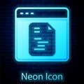 Glowing neon Software, web developer programming code icon isolated on brick wall background. Javascript computer script Royalty Free Stock Photo