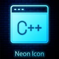 Glowing neon Software, web developer programming code icon isolated on brick wall background. Javascript computer script Royalty Free Stock Photo