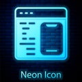 Glowing neon Software, web developer programming code icon isolated on brick wall background. Javascript computer script Royalty Free Stock Photo