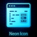 Glowing neon Software, web developer programming code icon isolated on brick wall background. Javascript computer script Royalty Free Stock Photo