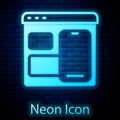 Glowing neon Software, web developer programming code icon isolated on brick wall background. Javascript computer script Royalty Free Stock Photo