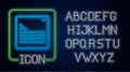 Glowing neon Software, web developer programming code icon isolated on brick wall background. Javascript computer script Royalty Free Stock Photo