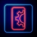 Glowing neon Software, web development, programming concept icon isolated on blue background. Programming language and Royalty Free Stock Photo