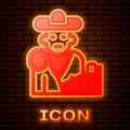 Glowing neon Spain bullfight, matador icon isolated on brick wall background. Traditional Spanish entertainment. Vector