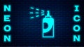 Glowing neon Spray can for hairspray, deodorant, antiperspirant icon isolated on brick wall background. Vector