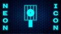 Glowing neon Spray can nozzle cap icon isolated on brick wall background. Vector