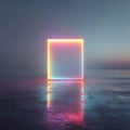 Glowing neon square frame reflecting on wet surface in atmospheric futuristic background Royalty Free Stock Photo