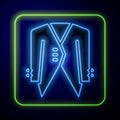 Glowing neon Suit icon isolated on blue background. Tuxedo. Wedding suits with necktie. Vector Royalty Free Stock Photo