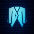 Glowing neon Suit icon isolated on brick wall background. Tuxedo. Wedding suits with necktie. Vector Royalty Free Stock Photo