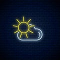 Glowing neon with sun and cloud weather icon on dark brick wall background. Cloudy symbol with sunny in neon style