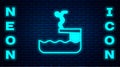 Glowing neon Swimmer diving into pool icon isolated on brick wall background. Vector