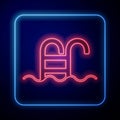Glowing neon Swimming pool with ladder icon isolated on black background. Vector