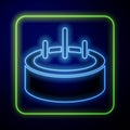 Glowing neon Swimming pool with ladder icon isolated on blue background. Vector