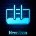 Glowing neon Swimming pool with ladder icon isolated on brick wall background. Vector