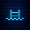 Glowing neon Swimming pool with ladder icon isolated on brick wall background. Vector