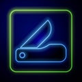 Glowing neon Swiss army knife icon isolated on blue background. Multi-tool, multipurpose penknife. Multifunctional tool