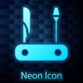 Glowing neon Swiss army knife icon isolated on brick wall background. Multi-tool, multipurpose penknife. Multifunctional