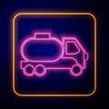 Glowing neon Tanker truck icon isolated on black background. Petroleum tanker, petrol truck, cistern, oil trailer