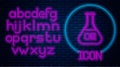 Glowing neon Test tube and flask chemical laboratory test icon isolated on brick wall background. Laboratory glassware