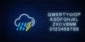 Glowing neon thunderstorm with rain weather icon with alphabet. Storm and rain symbols with lightning in neon style