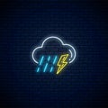 Glowing Neon Thunderstorm With Rain Weather Icon. Storm And Rain Symbols With Lightning In Neon Style