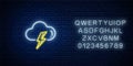 Glowing neon thunderstorm weather icon with alphabet. Storm symbol with cloud and lightning in neon style