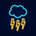 Glowing neon thunderstorm weather icon. Storm symbol with cloud and lightning in neon style