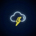 Glowing neon thunderstorm weather icon. Storm symbol with cloud and lightning in neon style