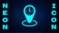 Glowing neon Time zone clocks icon isolated on brick wall background. Vector Royalty Free Stock Photo