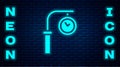 Glowing neon Train station clock icon isolated on brick wall background. Vector Royalty Free Stock Photo