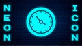 Glowing neon Train station clock icon isolated on brick wall background. Vector Royalty Free Stock Photo