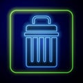 Glowing neon Trash can icon isolated on blue background. Garbage bin sign. Recycle basket icon. Office trash icon Royalty Free Stock Photo