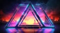 Glowing neon triangle frame over abstract landscape. Generative AI weber.