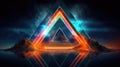 Glowing neon triangle frame over abstract landscape. Generative AI weber.