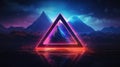 Glowing neon triangle frame over abstract landscape. Generative AI weber.