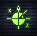 Glowing neon Trigonometric circle icon isolated on brick wall background. Vector
