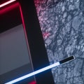 Glowing neon tubes and marble background, 3d rendering