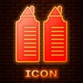 Glowing neon Two tall residential towers in the Dnipro city icon isolated on brick wall background. Vector Royalty Free Stock Photo