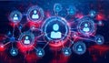 Glowing neon user icons are interconnected, visualizing a network of people or social media connections