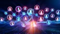 Glowing neon user icons are interconnected, visualizing a network of people or social media connections