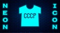 Glowing neon USSR t-shirt icon isolated on brick wall background. Vector