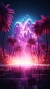 Glowing neon vibes 3D rendering combines modern trends with tropical palm trees