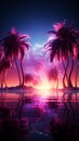 Glowing neon vibes 3D rendering combines modern trends with tropical palm trees