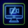 Glowing neon Video camera Off on computer icon isolated on blue background. No video. Vector