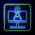 Glowing neon Video chat conference icon isolated on blue background. Computer with video chat interface active session Royalty Free Stock Photo