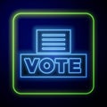 Glowing neon Vote box or ballot box with envelope icon isolated on blue background. Vector