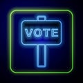 Glowing neon Vote icon isolated on blue background. Vector