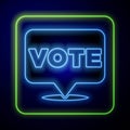 Glowing neon Vote icon isolated on blue background. Vector