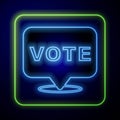 Glowing neon Vote icon isolated on blue background. Vector