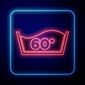 Glowing neon Washing under 60 degrees celsius icon isolated on blue background. Temperature wash. Vector